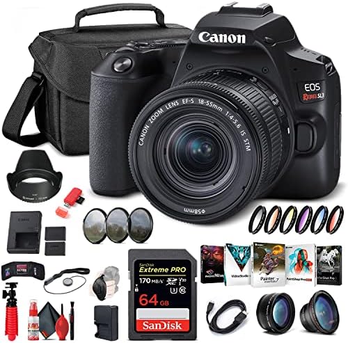 Canon EOS Rebel SL3 DSLR Camera with 18-55mm Lens (Black) (3453C002) + 64GB Memory Card + Color Filter Kit + Case + Filter Kit + Corel Photo Software + LPE17 Battery + Charger + More (Renewed)