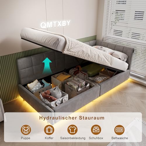 QMTXBYJ Polsterbett Kinderbett 90x200 mit LED und USB-Anschlüssen, Jugendbett 90x200 mit Hydraulischer Stauraum, Schlafsofa Einzelbett Daybett Tagesbett Gästebett Bettgestell mit Lattenrost,Samt – Bild 5
