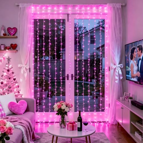 Image of JMEXSUSS 300 LED Curtain Lights, Pink String Lights for Bedroom, 9.8x9.8 ft | Plug in Hanging Lights with Remote, For Dorm, Window, Wall, Birthday Party, Girls' Room, Valentine's Day Indoor Outdoor Decor