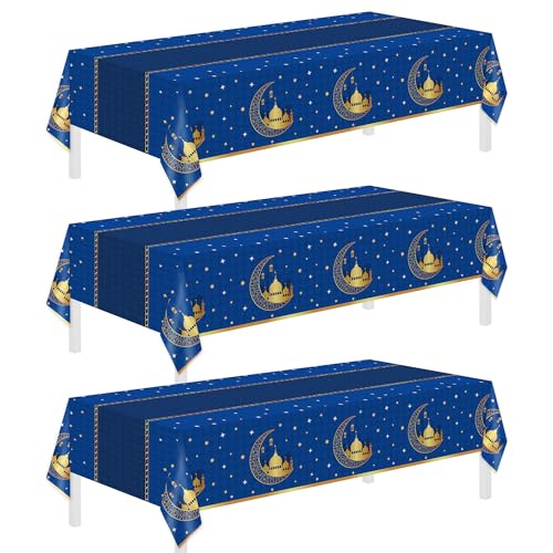 Image of Childom 3 Pack Ramadan Table Cloth,Ramadan Decorations for Home,54 inch x 108 inch Eid Mubarak Decorations,Eid Ramadan Tablecloths Rectangular,Blue Plastic Table Cloth Disposable Table Cover for Party Favors
