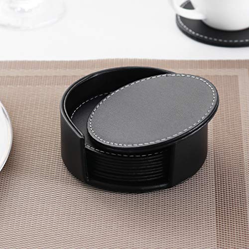 OUNONA Coasters Set of 6 PU Leather Coasters Cup Mat Table Set for Drinks with Holder Protect Your Furniture from Stains (Black) - Image 4