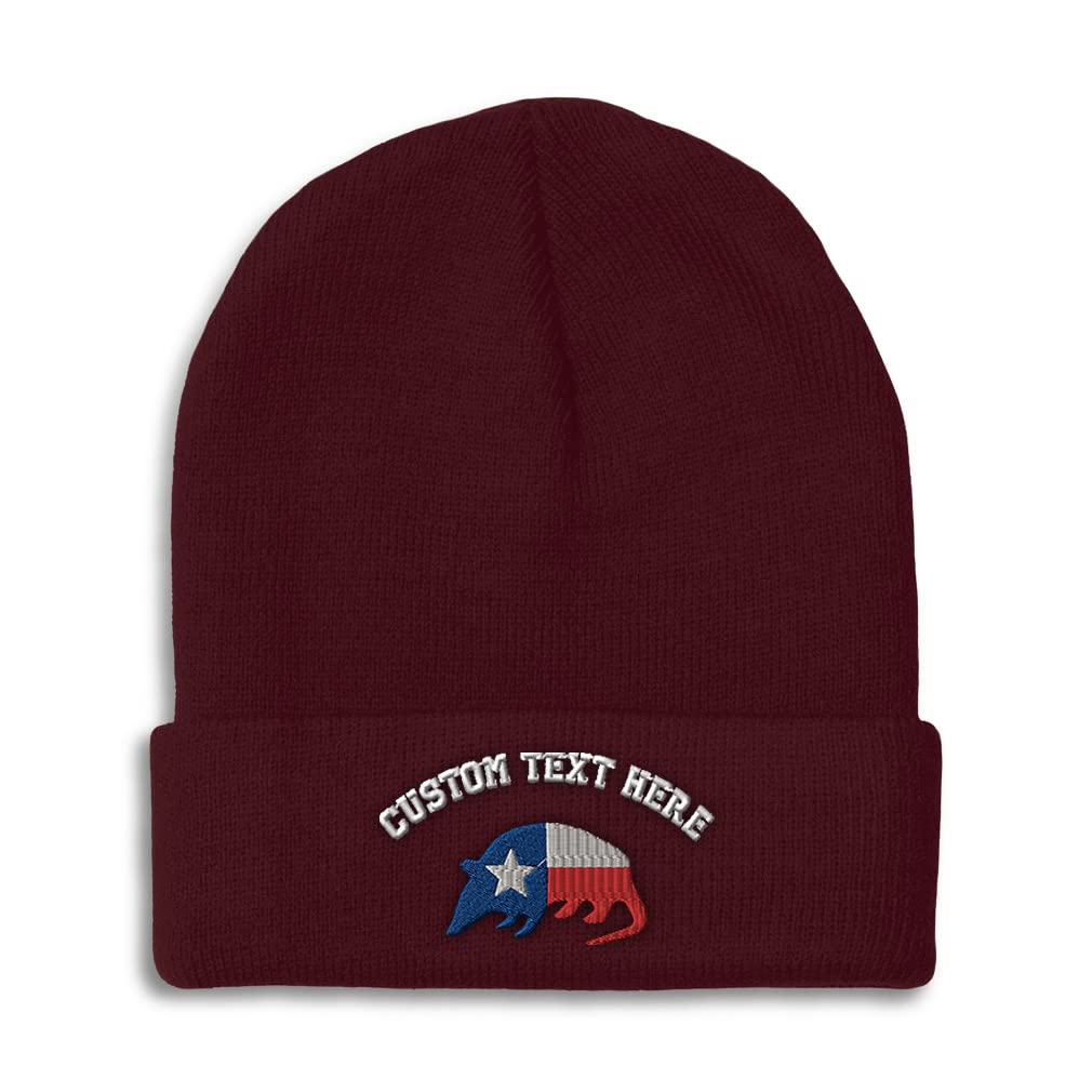 Custom Beanies for Men Armadillo Texas Flag Embroidery Flags Texas Winter Hats for Women Acrylic Skull Cap 1 Size Burgundy Personalized Text Here