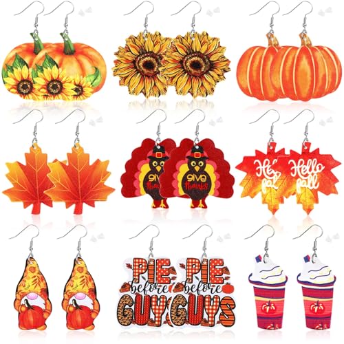 9 Pairs Faux Leather Earrings for Women Jewelry Lightweight Leaf Long Dangle Earrings Holiday Mini Ornaments for Tree (Fall)