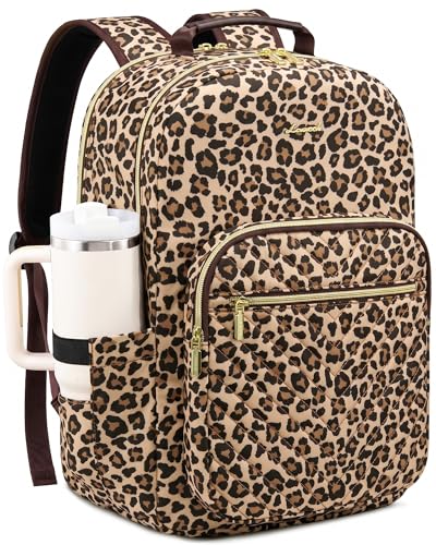 LOVEVOOK Laptop Backpack for Women with Giant Tumbler Holder 15.6 inch Designer Travel Backpack Laptop Bag College Backpack Quilted Work Nurse Teacher Backpack Purse Computer Bag Gifts Leopard print