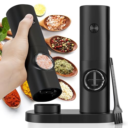 2Pcs Electric Salt and Pepper Grinder Set with Base, Battery Powered with Adjustable 5 Levels of Coarseness Salt and Pepper Grinder Mill(Black)