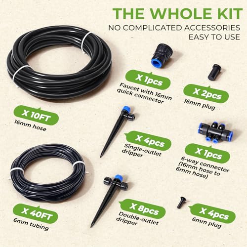 Image of HIRALIY 50FT Drip Irrigation System Kit, Quick-Connect Garden Watering System with 10FT Main Hose and 40FT 1 /4 inch Tubing, Adjustable Drippers for Patio Pots, Container Gardens & Small Raised Beds