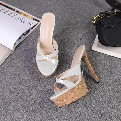 Image of Esvowido Heeled Mules for Women Cork Platform Stiletto Heels Slip on Open Toe High Heeled Sandals Crisscross Slippers Pumps Shoes