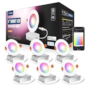 Amico 6 Pack 4 Inch Smart LED Recessed Lighting, WiFi Canless Downlight with Junction Box, RGB & 2700-6500K Color Changing, 10W=70W 800LM, Works with Alexa/Google Assistant, APP Control