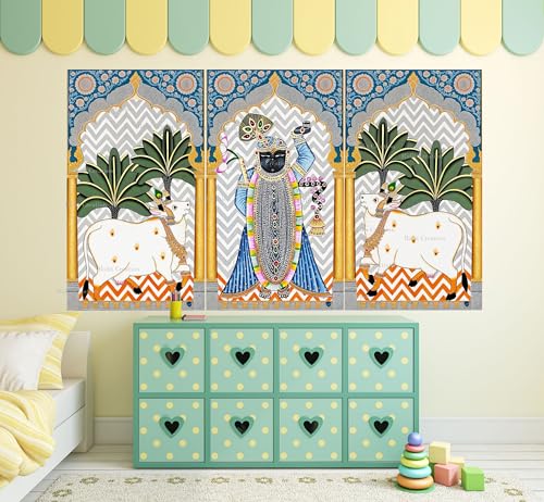 Image of Ridit Creation Shrinathji Wall Poster Set of 3 with Sacred Cow & Traditional Temple Arch Design | Indian Spiritual Religious Wall Art for Living Room, Bedroom, Pooja Room & Mandir Decoration