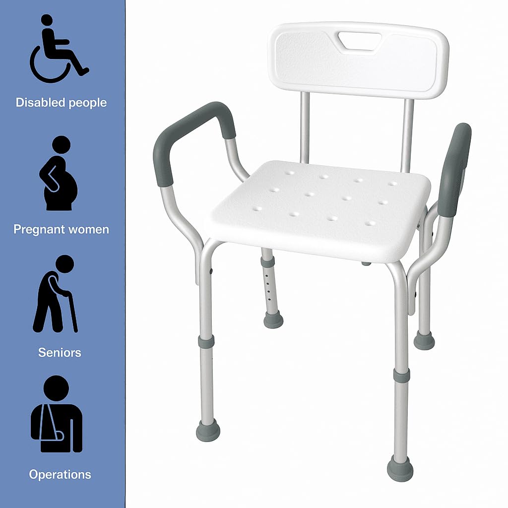 Sedia da doccia ergonomica DynaSun B539 sgabello da bagno regolabile in altezza con braccioli e schienale per anziani e persone con mobilità ridotta