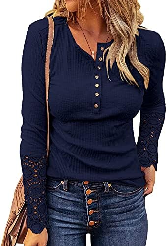 Kancystore Women Henley Sweater Long Sleeve V Neck Ribbed Button Down Knit Top Blue L …