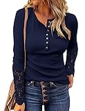 Kancystore Women Henley Sweater Long Sleeve V Neck Ribbed Button Down Knit Top Blue L …
