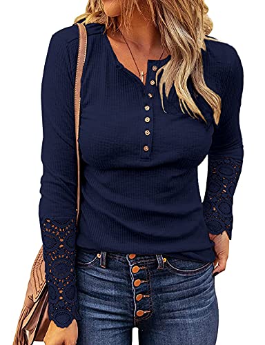 Image of Kancystore Women's Fall Long Sleeve Tops Lace V Neck Button Down Henley Shirts Tunic Blouses