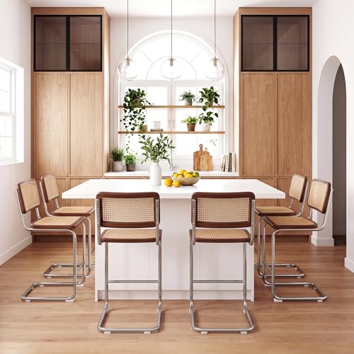 Image of Flouki Rattan Bar Stools Set of 2, Counter Height Stools with Wicker Back, 24 Inch Modern Bar Stools, Mid Century Cantilever Counter Chairs for Kitchen Island, Walnut Wooden Frame, Chrome Legs