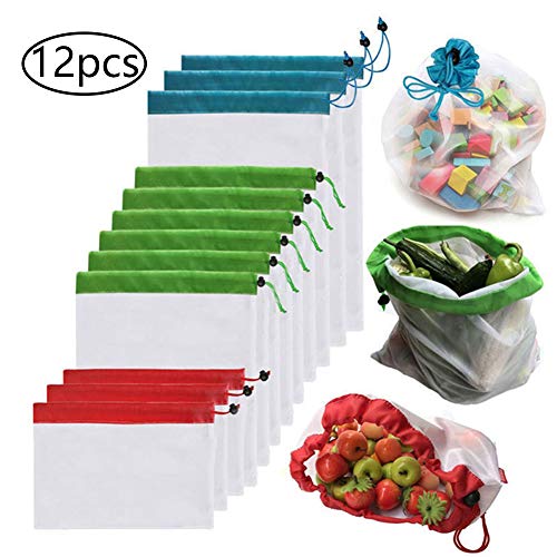 Kuizhiren1 bolsas reutilizables de malla, 12 bolsas de malla reutilizables, lavables, respetuosas con el medio ambiente, para almacenamiento de alimentos, frutas, verduras, juguetes multicolor