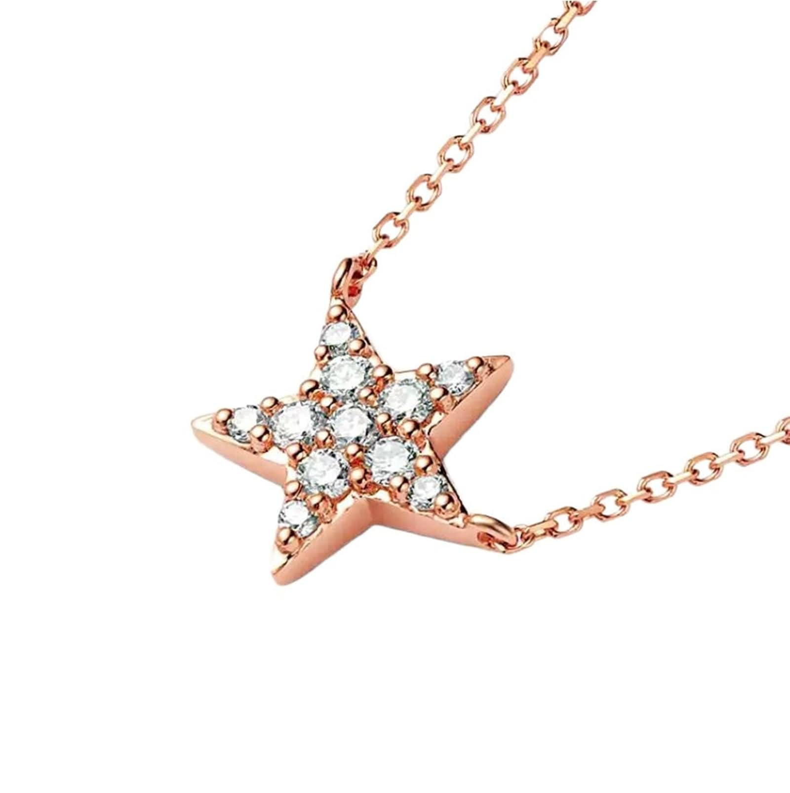 Collar largo con colgante de estrella con diamante de 0,12 quilates, oro rosa de 9/14/18 quilates, 45 cm