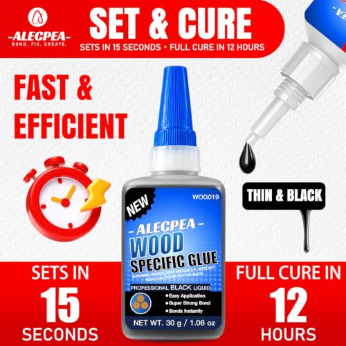 Image of ALECPEA Black Wood Glue, Thin CA Glue for Dark Wood, 30g with 3 Droppers | Fast 15 Second Set, 12-Hour Full Cure, Deep-Grain Flow For Ebony-Tone Furniture, Crafts, And Models