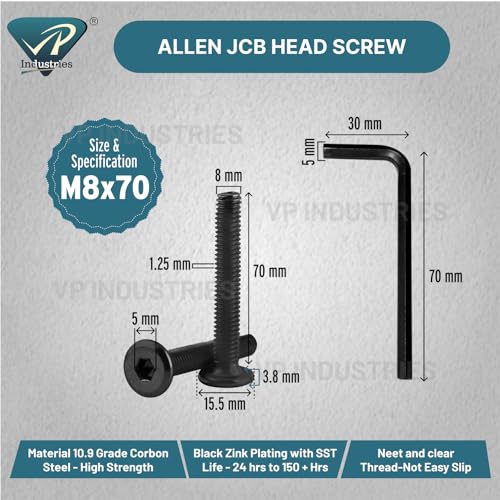 Image of Rely⇒VP INDUSTRIES (Pcs-15) M8x70 mm Black JCB Allen Head Furniture Screw Fastener Bolts | Furniture Bolt Crib Bunk Bed Furniture Cot, Barrel Bolt | Allen JCB Screw High Tensile Alloy Steel 10.9 Grad