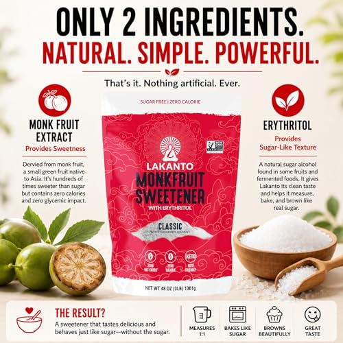 Image of Lakanto Classic Monk Fruit Sweetener with Erythritol, White Sugar Substitute, Monkfruit Extract, Sugar Replacement for Coffee, Tea, Baking, Sauces, Gluten Free, Zero Carb, Non GMO, Keto (3 lb)