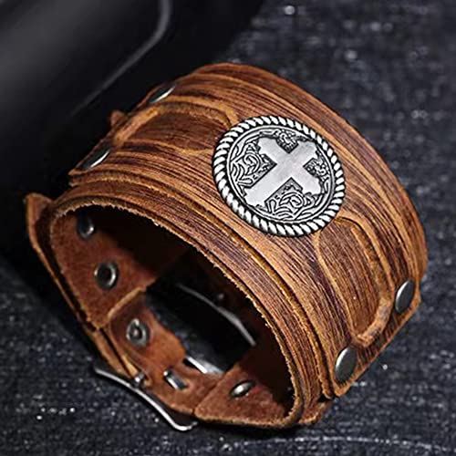NIGHTCRUZ Wide Leather Bracelet with Cross, Medieval Leather Cuff Wristband for Mens2