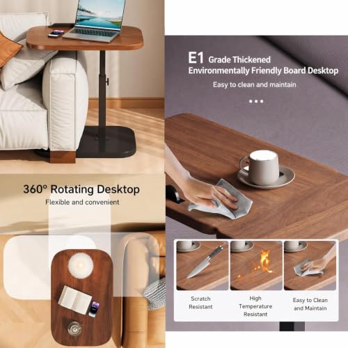 Image of Owme C Shaped Side Table for Sofa Bed, Adjustable Height Laptop Table with 360 Rotating Desktop, Wooden Finish Compact End Table for Living Room, Portable Snack Coffee Table with Metal Base