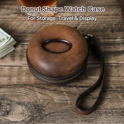 Image of CONTACT'S FAMILY Genuine Leather Watch Travel Case for Men Women Single Watch Box with Strap Travel Portable Watches Storage Organizer up to 54mm