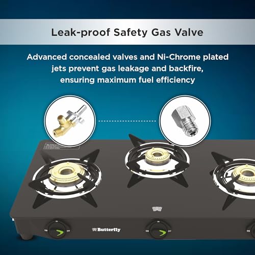 Image of Butterfly Bleu Ray 3 Burner Glass Top Gas Stove | Removable Drip Tray | Brass Burner Gas Stove with Tri‑Flow Jumbo Burner