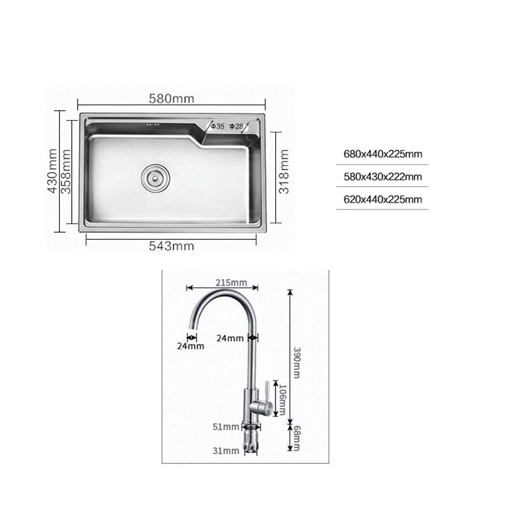 Fregadero de Cocina Individual Cuadrado de Acero Inoxidable 304 con Grifo, Kit Completo de fontanería, desagüe, instalación y Cesta para Platos (tamaño: 580x430x218 mm).