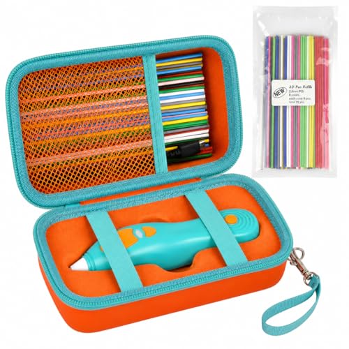 Image of ANKHOH 3D Printing Pen Case for 3Doodler Start+, 72 Pen Refills Included | Hard shell storage with grooved base, mesh pocket and hand strap for school or travel; 3D pen not included, Orange