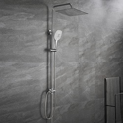 Görbach Colonne de Douche Murale Colonne Douche pour Baignoire sans Robinetterie Réglable en Hauteur Douche Douchette Salle de Bain avec Pommeau Douche Carrée 20x20,Inox 304.