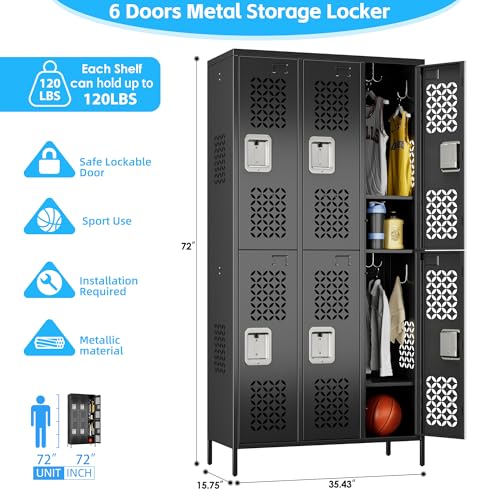 Image of METAN Upgrade Metal Locker for School Office Gym Bedroom,6 Doors Steel Storage Locker Cabinet for Employees,Industrial Storage Locker with 1 Shelves,Assembly Required,Black