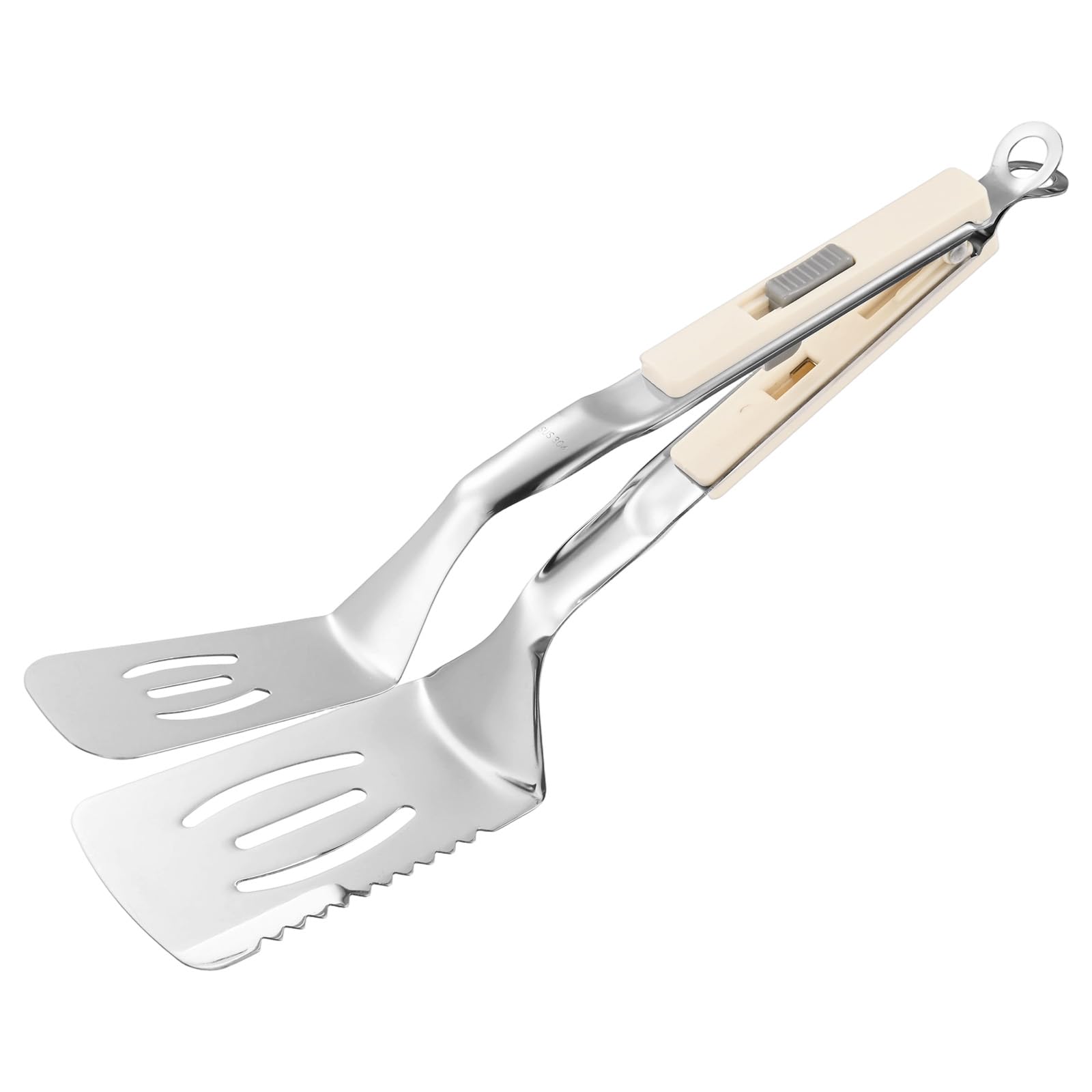 M METERXITY Spatula Tongs, 11.4 Inch 304 Stainless Steel Anti-Scald Serrated Multifunctional Flipper Grill Clamp for Cooking/Barbecue, Kitchen Cooking Tongs [White Handle, Silver Tone]