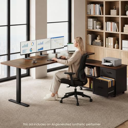 Image of OffiGo 71 inch L Shaped Electric Standing Desk with Cabinet Sets, Walnut /Black