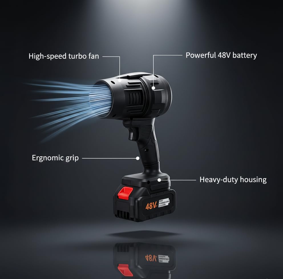 Image of Electric Handheld Air Blower, 48V Cordless Turbo Blower for Home, Car & Outdoor | High-Speed Air Blower with Rechargeable Battery & Fast Charger | Heavy-Duty Dust Cleaner for Computer,