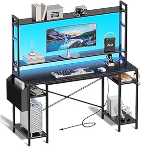 55 inch Computer Desk with Adjustable Shelves, Gaming Desk with LED Lights & Power Outlets, Home Office Desk with Monitor Stand, Hooks & CPU Stand, Black