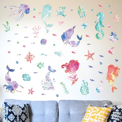 NQEUEPN 2 Sheets Mermaid Wall Decals, Large Colorful Mermaid Wall Stickers, Peel & Stick, Waterproof, Ocean Room Decor for Nursery, Bedroom, Bathroom, Birthday Party