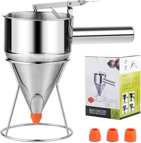 Dispensador de masa para panqueques, dispensador de pasteles de embudo de acero inoxidable de varios calibres con soporte, dispensador de masa de