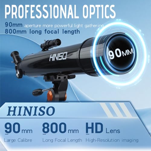 Image of HINISO 90AZ Astronomical Telescope for Adults & Beginners | 90mm Refractor with 800mm Focal Length | Moon & Planet Viewing | BT Remote, Phone Adapter, Steel Tripod & Carry Bag | 32x-240x Magnification