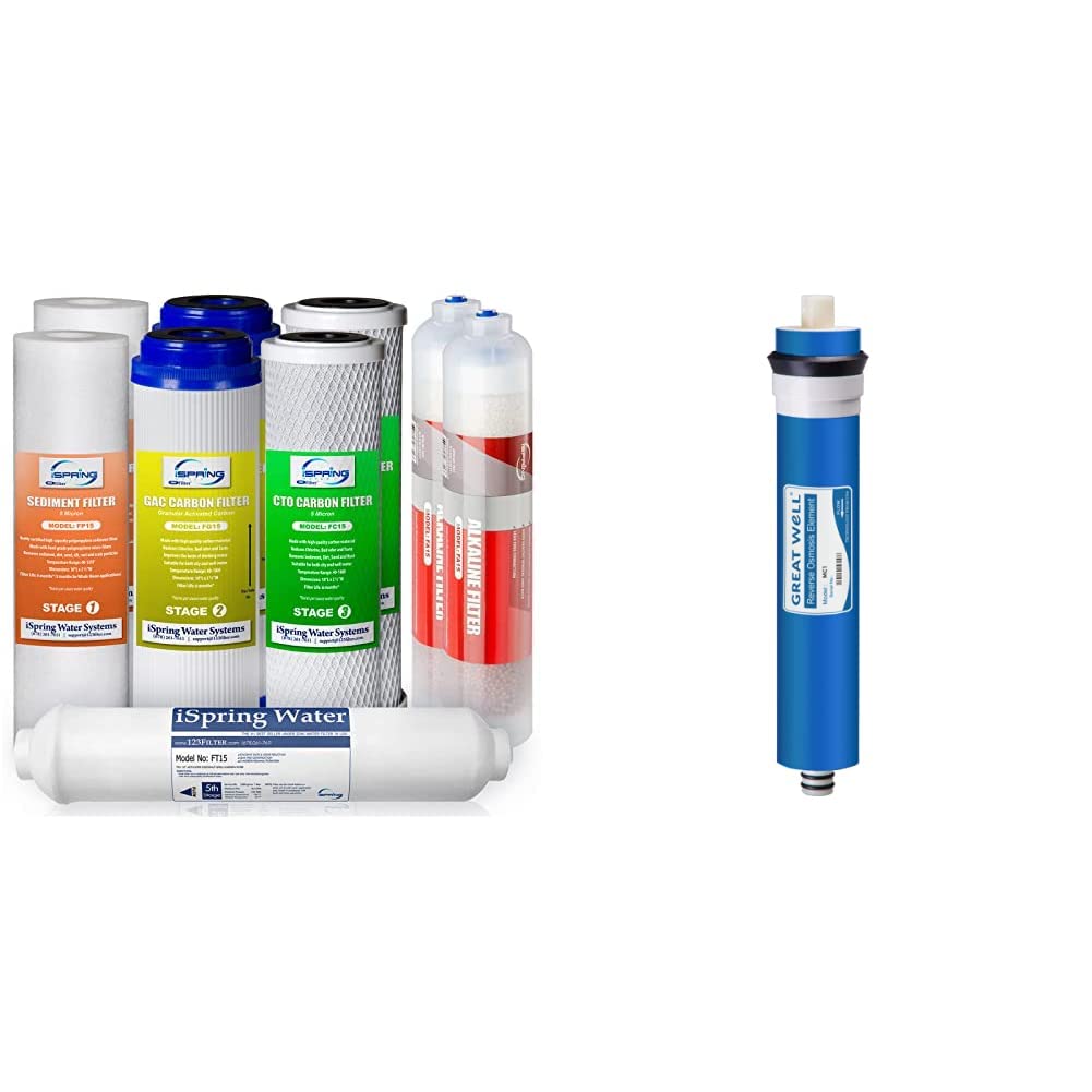 iSpringF9K 1-Year Reverse Osmosis Water Filter Replacement & Greatwell Reverse Osmosis Membrane 100 GPD 11.75” X 1.75”, Replacement Fits Standard Under Sink RO Drinking Water Filtration System, MC1