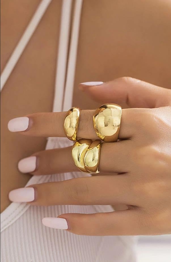 Chunky Gold Rings for Women Adjustable Gold Statement Ring Set Open Dome Rings Chunky Silver Rings Minimalist Solid Ring Band Stackable Jewelry Size 6-9 - Image 3
