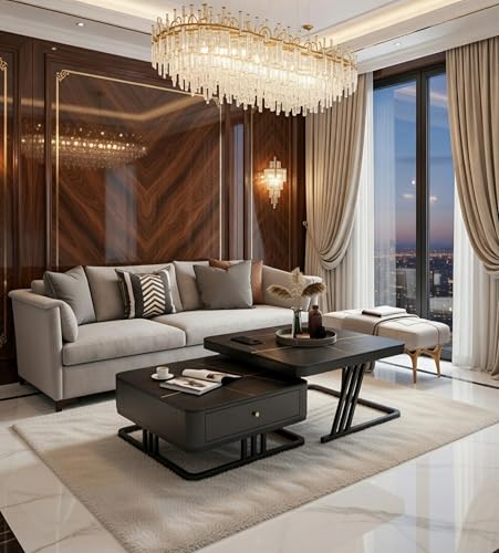 Image of Two Square Stacking Nesting Coffee Tables with Metal Frames, Wooden Tops, and Handcrafted Drawers Contemporary Centre Couch Table for Living Rooms Bedrooms, & Apartments (Black)
