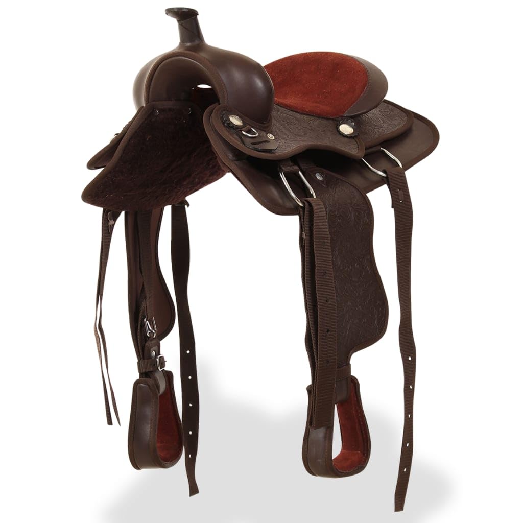 Sillín occidental de piel auténtica con cabestro marrón para jinete y caballo, versátil, adecuado para exteriores, ocio, torneos, doma, saltos y paseos de senderismo