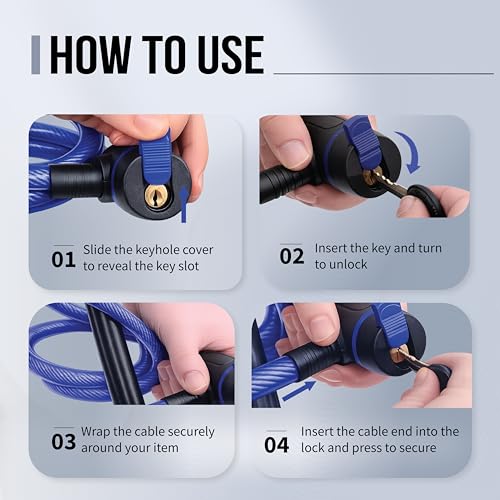 Image of Robustt Braided Steel Cable Lock with Keys - 0.65m Long, 10mm Thick PVC Coated Cut-Resistant Cable | Dust Cover Key Slot | Extra Key Included | Anti-Theft Cable Lock- Blue