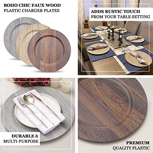 Tableclothsfactory 6 Pack | 13" Dark Brown Boho Chic Faux Wood Plastic Charger Plates, Round Rustic Wedding Party Service Plates #TOP3