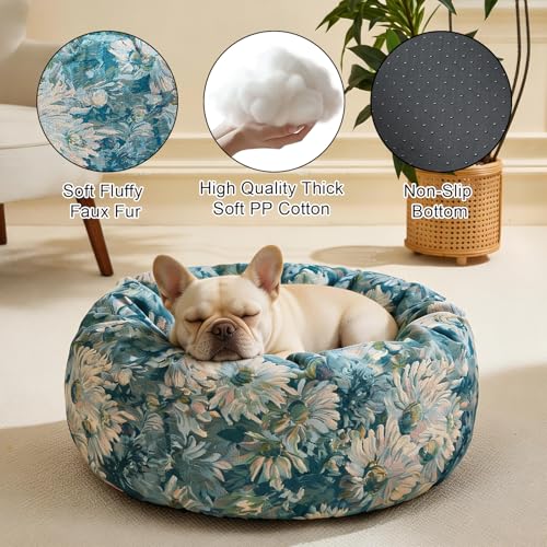 Image of Dog Calming Beds for Small Medium Large Dogs - Round Donut Washable Puppy Dog Bed, Anti-Slip Faux Fur Fluffy Donut Cuddle Anxiety Cat Pet Bed (24 inch Flower)