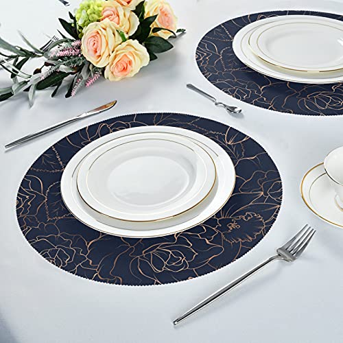 Round Placemats Copper-Gold Gloss Outline Navy Dark Blue Set Of 1 Pieces Heat-Resistant Table Mats For Dining Kitchen Table Deco Skid-Proof(Diameter15.4Inch) #TOP5