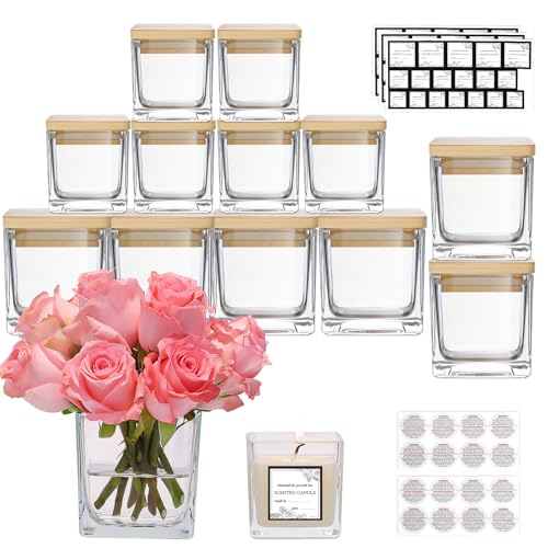 CONNOO 12 Pack 9oz, 3oz Clear Square Candle Jars for