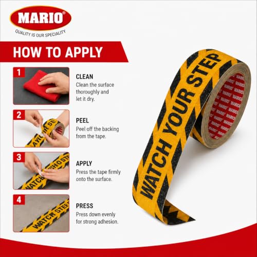 Image of Mario Watch Your Step Anti Skid Anti Slip Tape 50mm (2 Inch) x 5m | High Traction Waterproof Safety Warning Grip Tape for Stairs, Floors, Entry Lobbies & Corridors | Home Office Mall Hotel Use