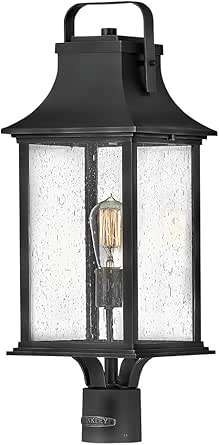 Hinkley Grant One Light Medium Outdoor Post Mount, Textured Black w/Clear Seedy Glass