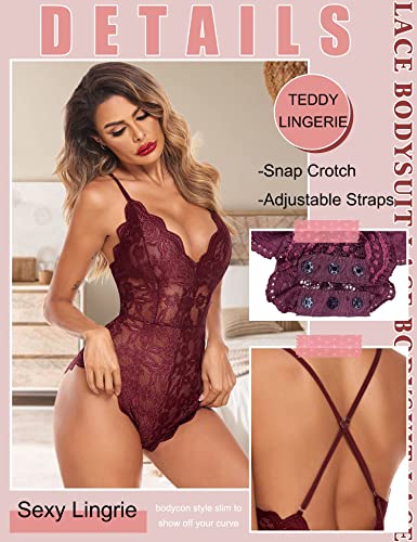 Image of Avidlove Sexy Lingerie for Women Deep V Teddy Sheer Lace Bodysuit Snap Crotch One Piece Babydoll